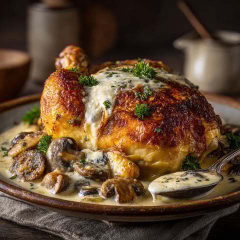 A delicious meal of roasted chicken, mushrooms and cream sauce.