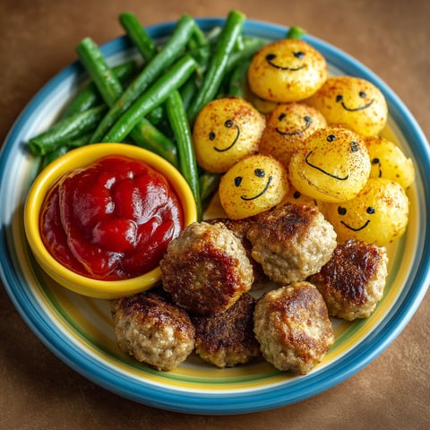 A plate of food with a smile face on the potatoes.