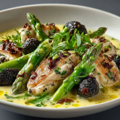 A plate of food with asparagus and mushrooms.