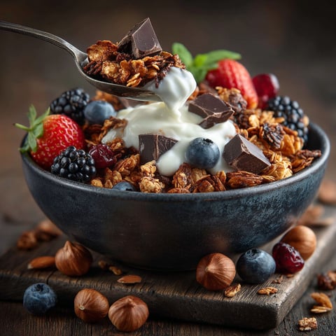 A bowl of granola choco loco with a spoon in it.