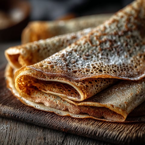 A galette de sarrasin is on a wooden table.