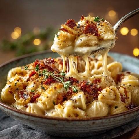 A bowl of pasta with cheese and bacon.