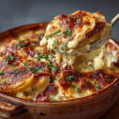 A close up of a dish with the name Tartiflette au Pavé d'Affinois.