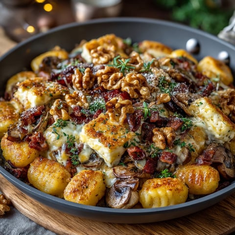 A pan of food with mushrooms, tomme, and gnocchis.