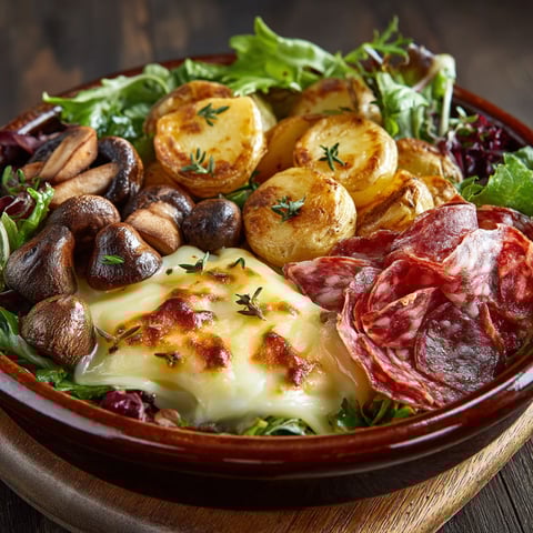 A bowl of food with mushrooms, meat, and potatoes.