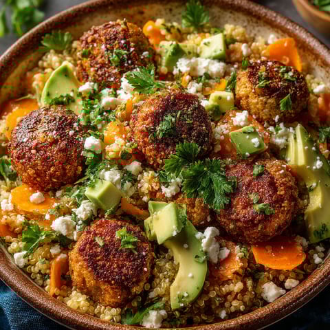 A bowl of food with feta cheese, falafel, and carrots.