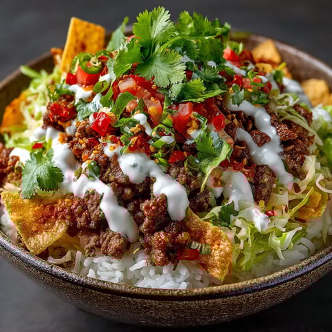 A bowl of tacos with rice and vegetables.