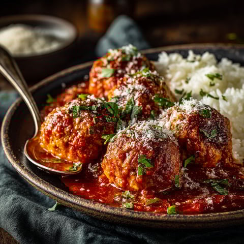 A plate of meatballs with tomato sauce and rice.