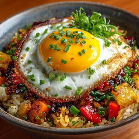 A fried egg on top of rice and vegetables.