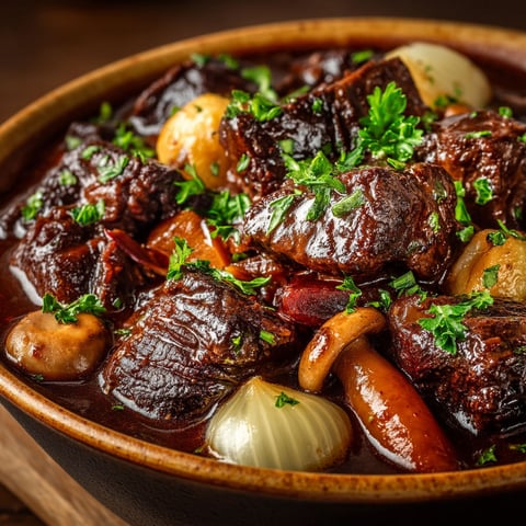 A bowl of beef stew with onions and mushrooms.