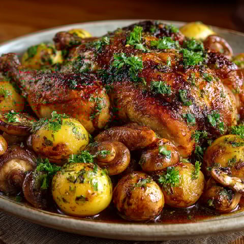 A plate of food with a chicken and mushrooms.