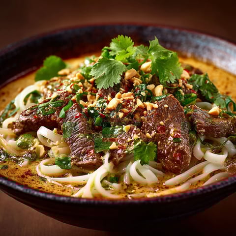 A bowl of beef satay with peppers and onions.