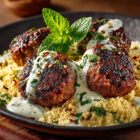 A plate of meatballs covered in sauce and mint.