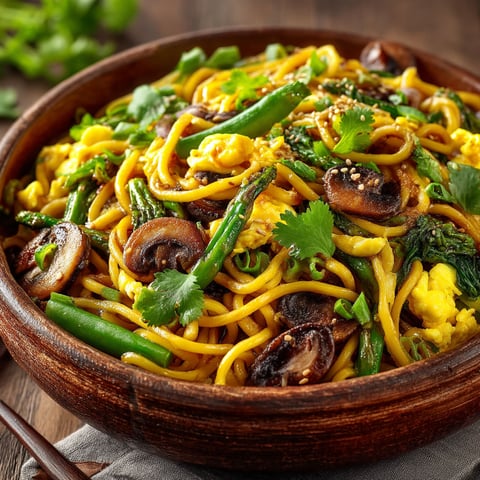 A bowl of noodles with vegetables and mushrooms.
