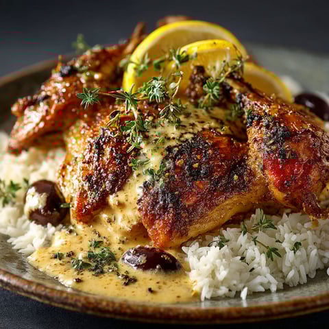 A plate of food with rice, chicken, and a lemon wedge.