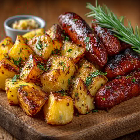 A plate of roasted potatoes and sausages.