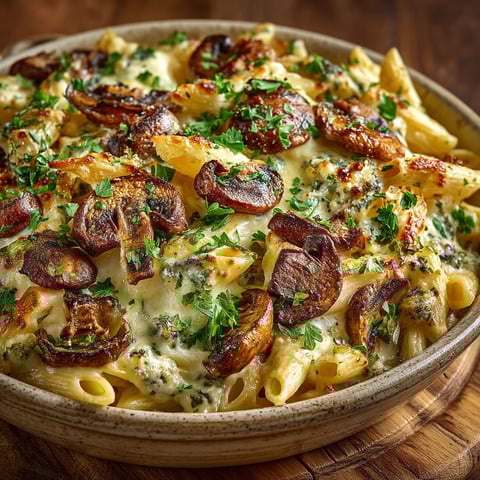 A bowl of food with mushrooms and cheese.