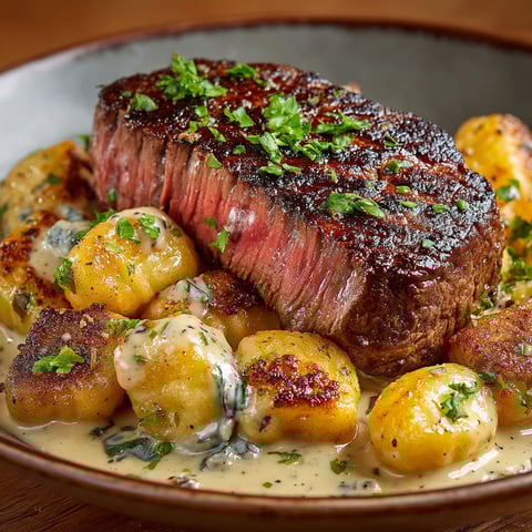 A plate of food with a piece of meat and potatoes.