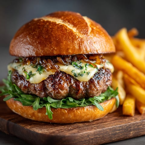 A burger with cheese and onions on a bun.