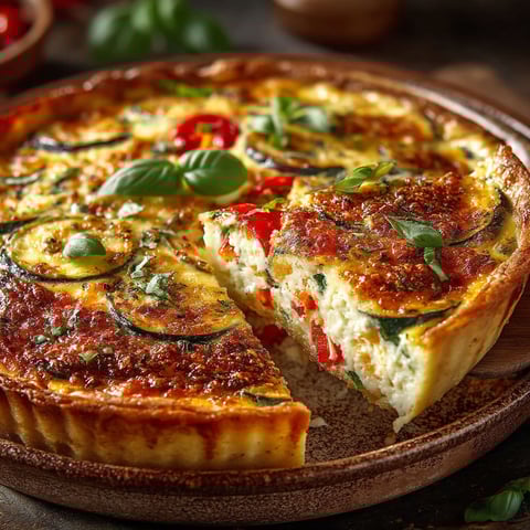 A slice of flan with vegetables.