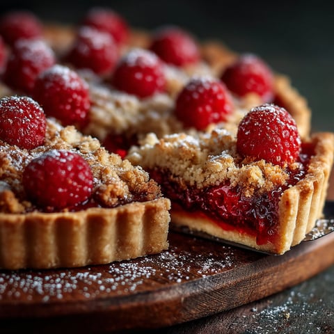 A slice of tarte crumble aux framboises.