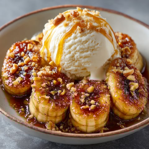 Bananas with caramel and vanilla ice cream.