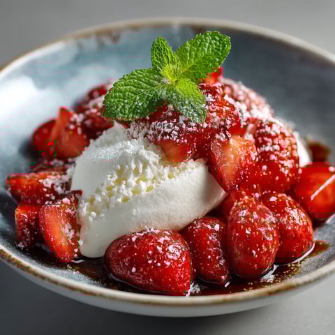 A bowl of strawberries with whipped cream.