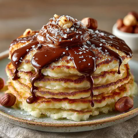 A stack of pancakes with chocolate sauce on top.