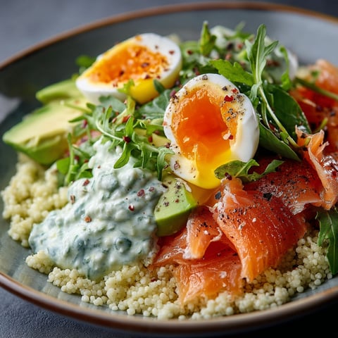 A plate of food with eggs, salad, and fish.