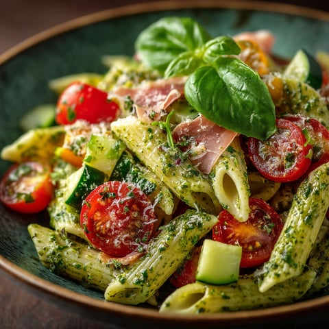 A bowl of pasta with tomatoes and basil.