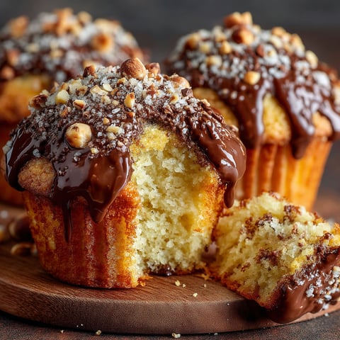 Chocolate muffins with nuts and chocolate drizzle.