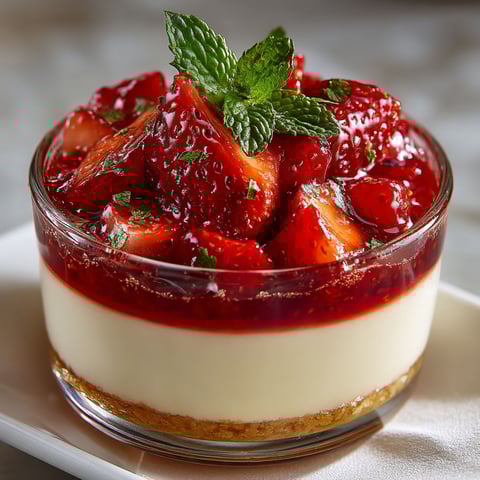 A small glass bowl of panna cotta with strawberries on top.