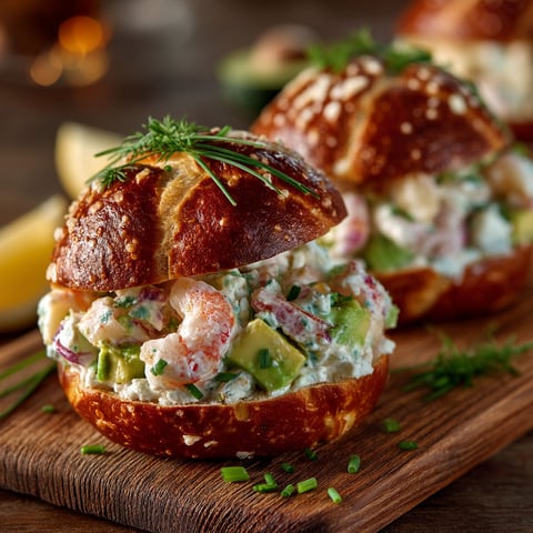 Two sandwiches with shrimp and avocado on a wooden table.