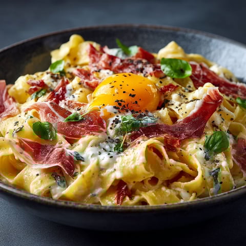 A bowl of pasta with a fried egg on top.