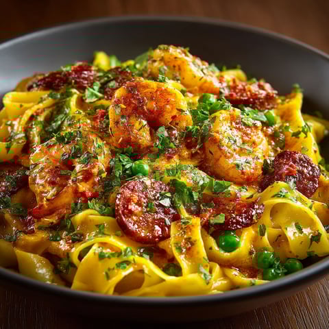 A bowl of pasta with shrimp and chorizo.