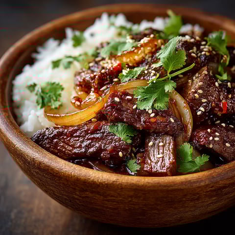 A bowl of beef and rice.