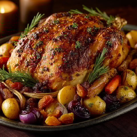 A roasted chicken with vegetables and herbs.
