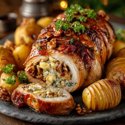 A delicious meal of roast beef, potatoes and herbs.