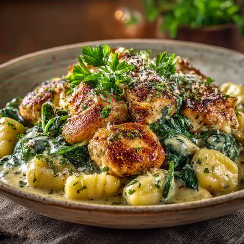 A plate of food with chicken and spinach.