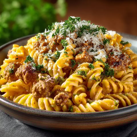 A bowl of pasta with meat and cheese.