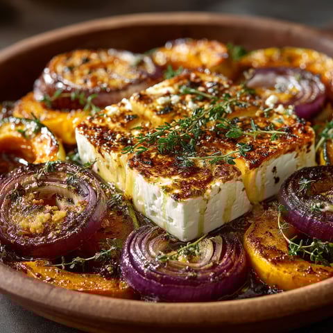 A plate of food with feta cheese and onions.