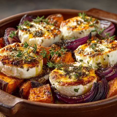 A dish of roasted vegetables and cheese.
