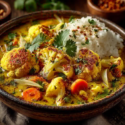 A bowl of food with cauliflower, carrots, and rice.