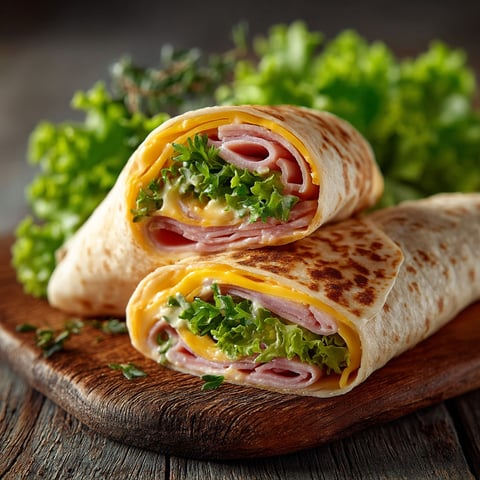 A wrap with meat, cheese, and lettuce.