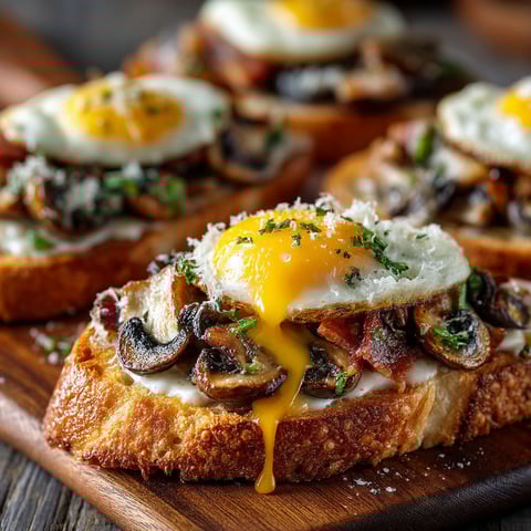 A plate of food with eggs, mushrooms, and bacon.