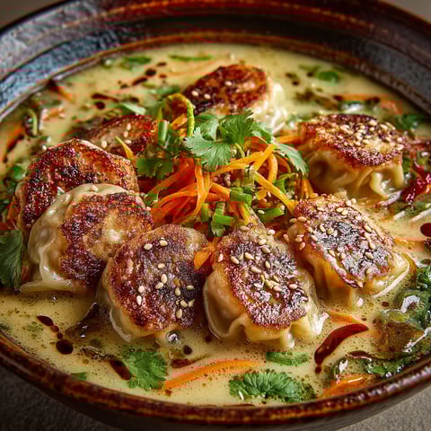 A bowl of soup with gyoza and carrots.
