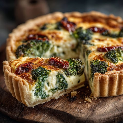 A slice of quiche with broccoli and tomatoes.