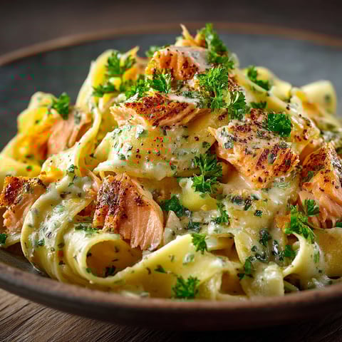 A bowl of pasta with salmon and herbs.