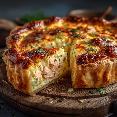 A slice of quiche saumon poireau.
