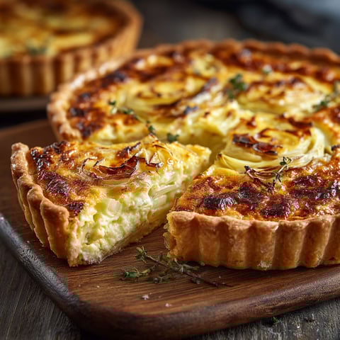A slice of quiche with onions and brie cheese.